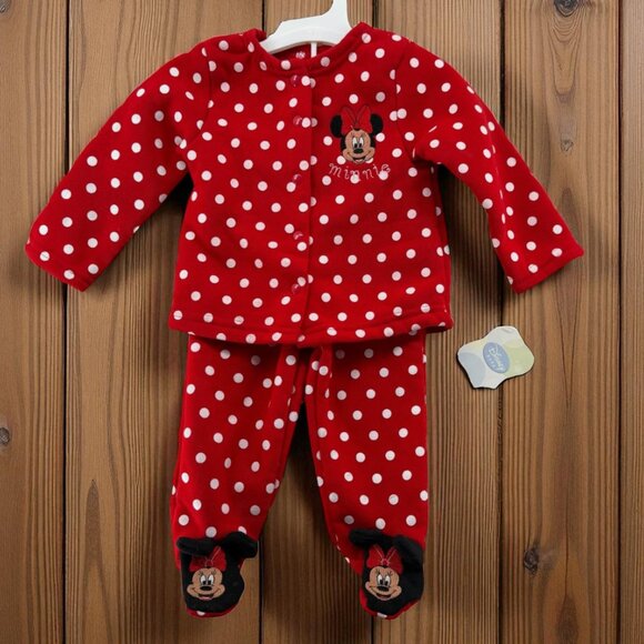 Disney Minnie Mouse 3-6M Outfit Red Polka Dot Snap Button Fleece Footed Pant NWT - Picture 1 of 9